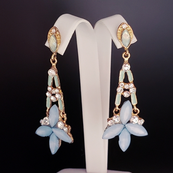 Crystal Floral Rhinestone Cluster Dangle Drop Earrings 3" - Picture 4 of 5